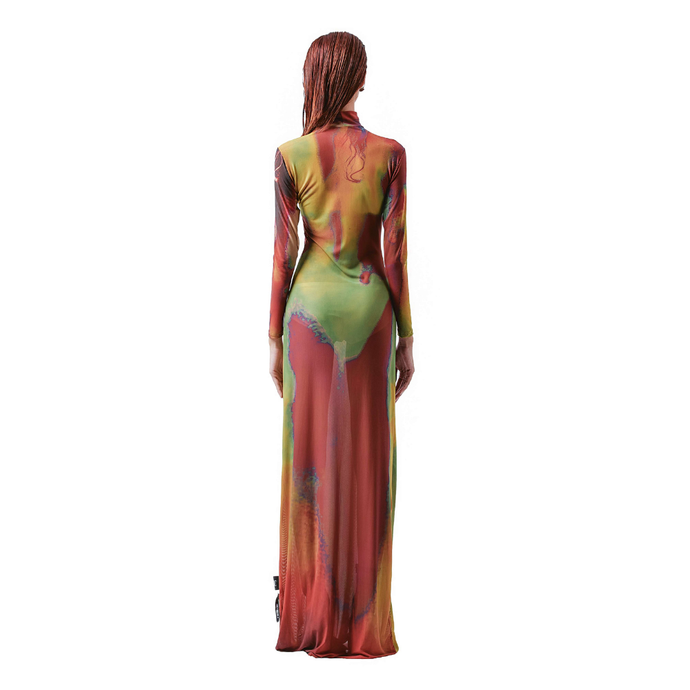 A high-neck, long-sleeved dress made of polyester featuring a form-fitting silhouette. 