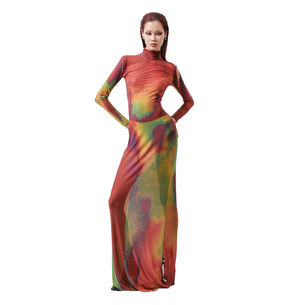 A high-neck, long-sleeved dress made of polyester featuring a form-fitting silhouette. 