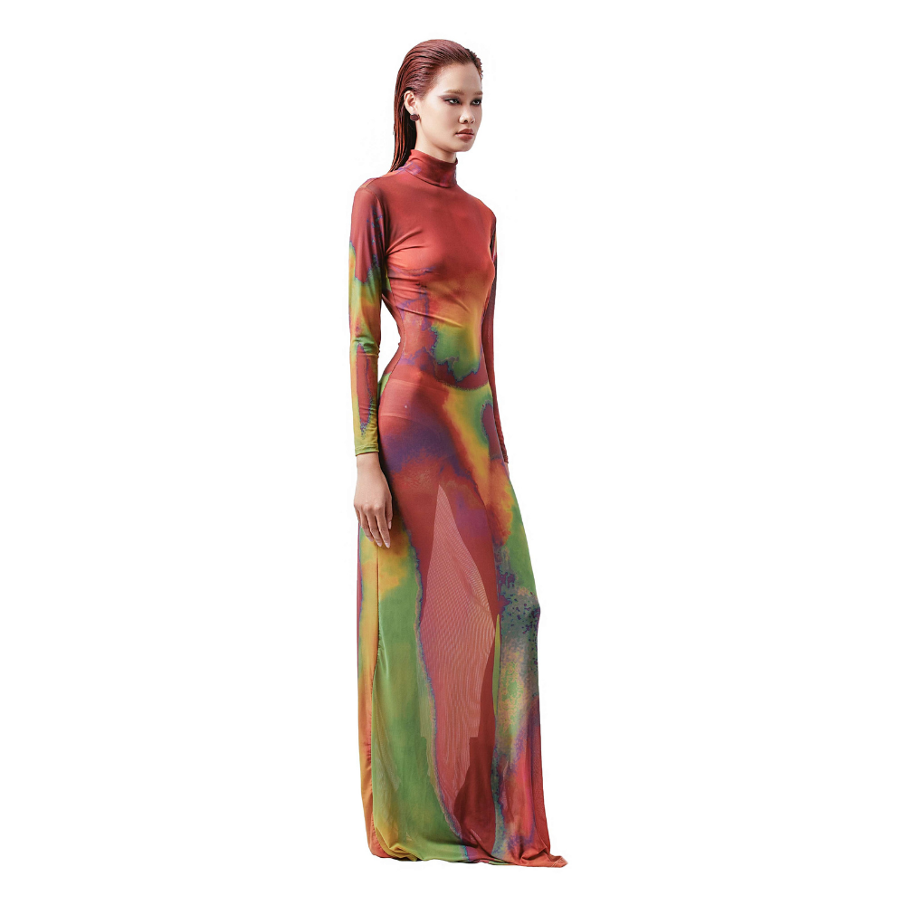 A high-neck, long-sleeved dress made of polyester featuring a form-fitting silhouette. 