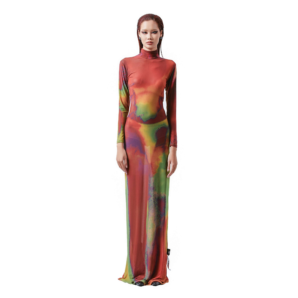 A high-neck, long-sleeved dress made of polyester featuring a form-fitting silhouette. 