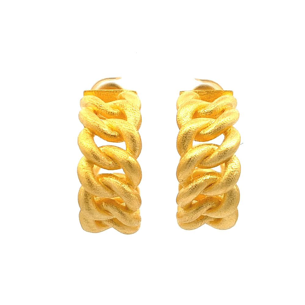 Shop online premium 18K gold Cuban link C hoop earrings in sterling silver matte finish.