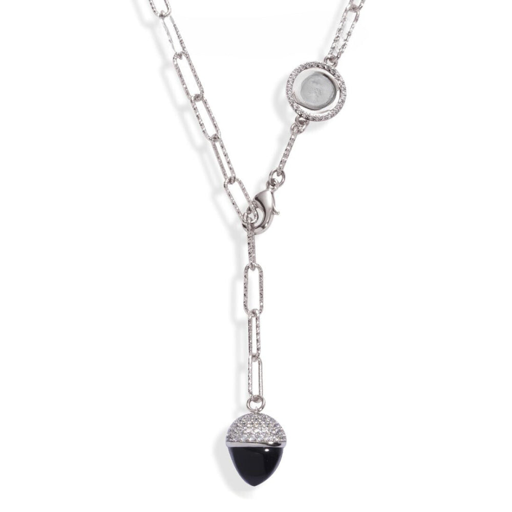 Shop online premium rhodium plated necklace with black onyx crystal and sparkling cubic zirconia accents.