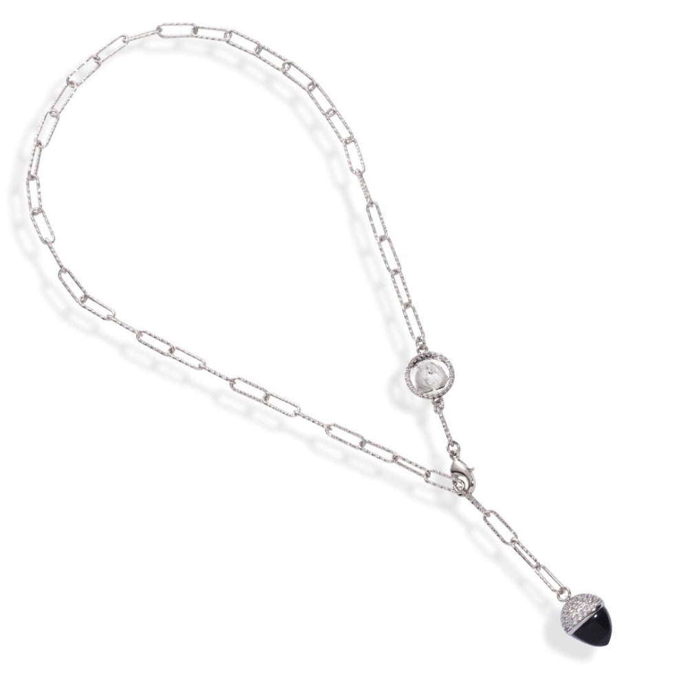 Shop online premium rhodium plated necklace with black onyx crystal and sparkling cubic zirconia accents.