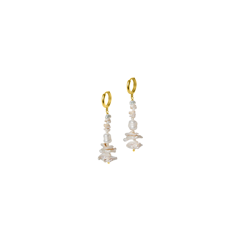 These exquisite earrings feature an array of different-sized pearls, symbolizing the ever-changing movement of the sea.