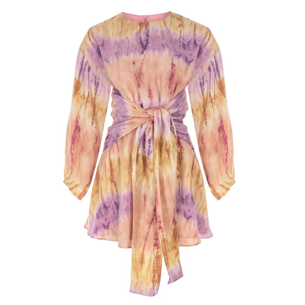 TIE-DYE PATTERNED TIE-DETAILED CUPRO MINI DRESS.100% CUPRO