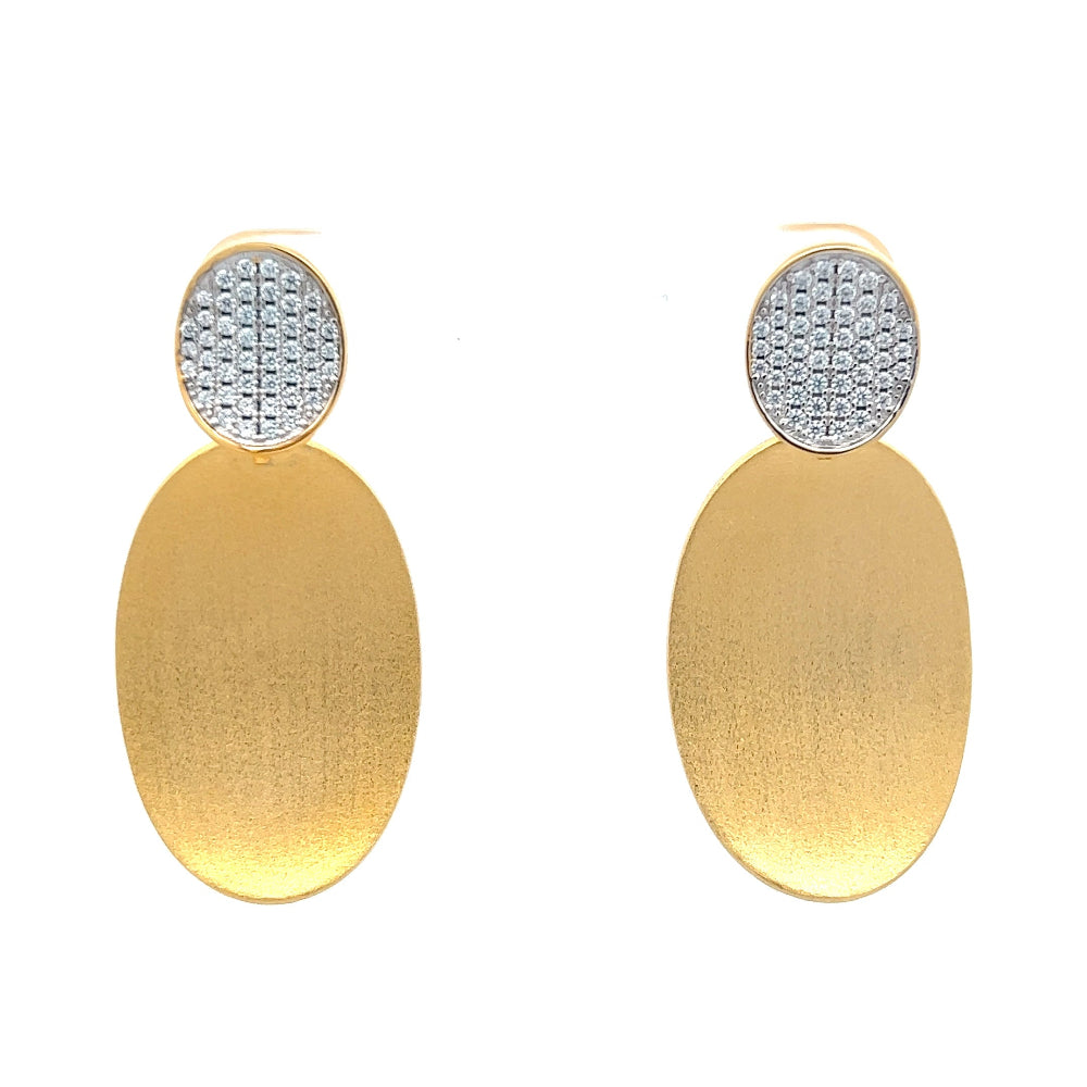 Shop online premium 18K gold-dipped oval dangle earrings with sparkling CZ stones.