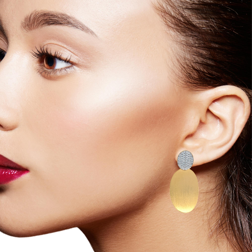 Shop online premium 18K gold-dipped oval dangle earrings with sparkling CZ stones.