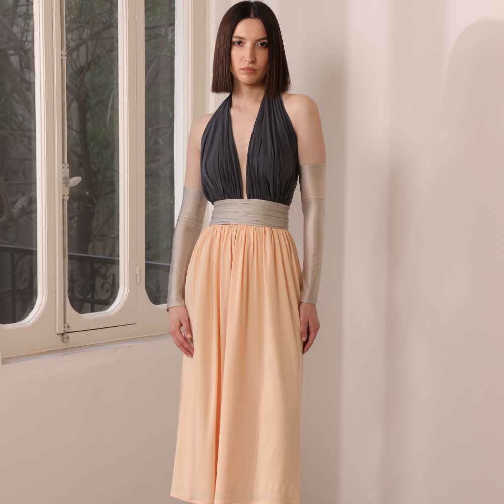 Tri-color jersey dress with jersey sleeves