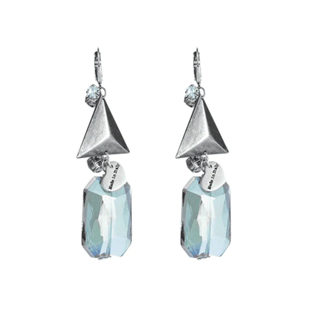 Dangle and drop earrings with triangle studs and rhinestones.