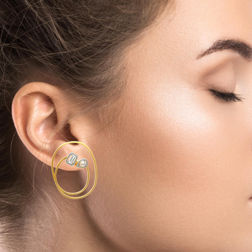Shop online premium 18K gold drop earrings with artistic swiggly design and CZ studs.