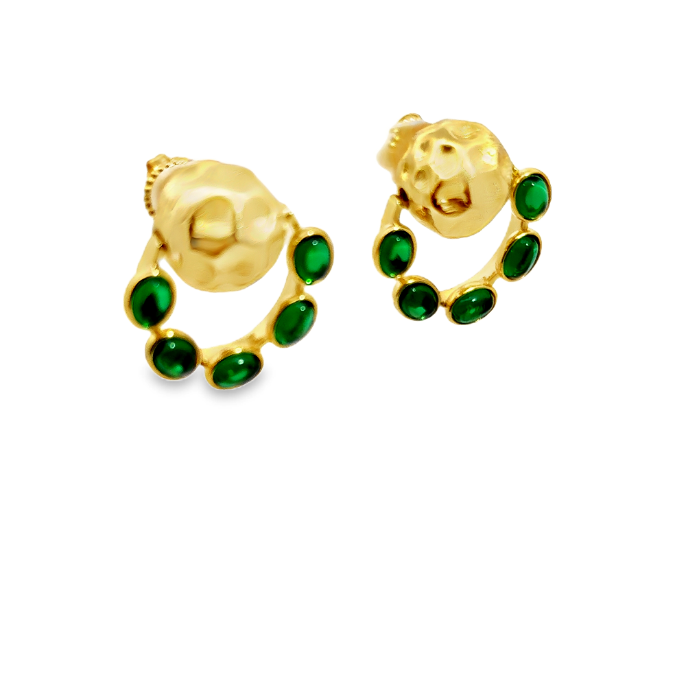 Elegant 22K yellow gold plated drop earrings with hammered detailing and vibrant green nanosital accents. A chic statement piece for every occasion. Shop premium jewelry online.