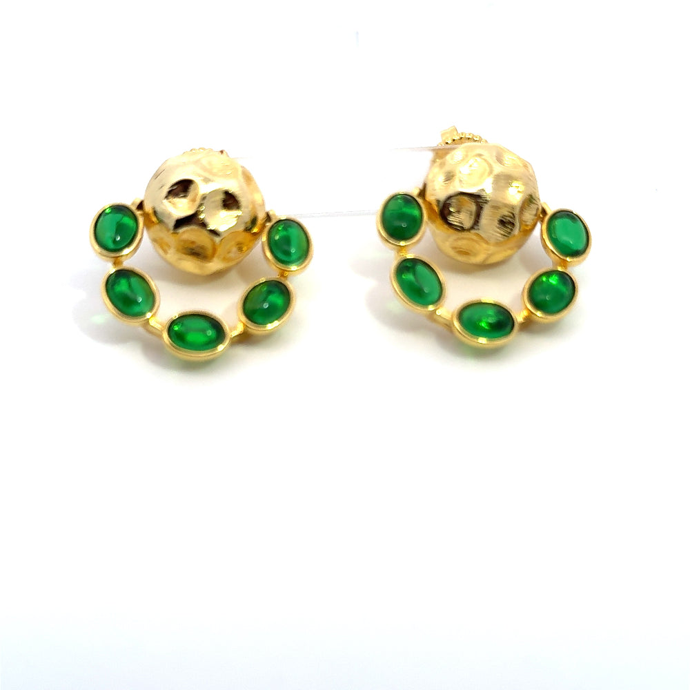Elegant 22K yellow gold plated drop earrings with hammered detailing and vibrant green nanosital accents. A chic statement piece for every occasion. Shop premium jewelry online.