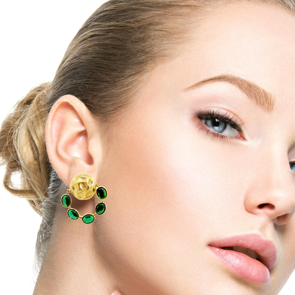 Elegant 22K yellow gold plated drop earrings with hammered detailing and vibrant green nanosital accents. A chic statement piece for every occasion. Shop premium jewelry online.