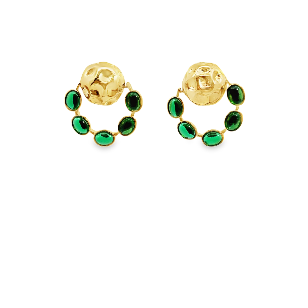 Elegant 22K yellow gold plated drop earrings with hammered detailing and vibrant green nanosital accents. A chic statement piece for every occasion. Shop premium jewelry online.