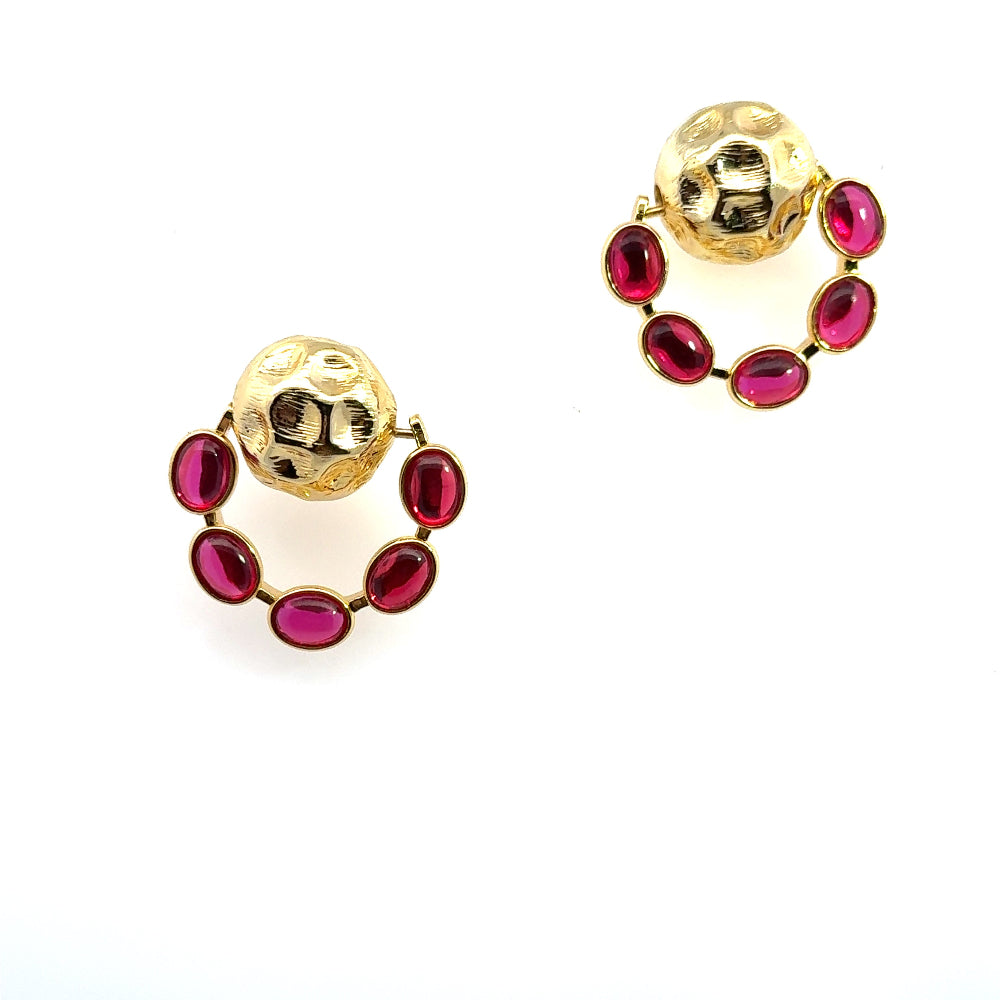 Elegant 22K yellow gold plated drop earrings with hammered detailing and vibrant created ruby accents. A timeless statement piece for every occasion. Shop premium jewelry online.