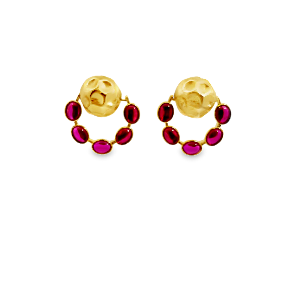 Elegant 22K yellow gold plated drop earrings with hammered detailing and vibrant created ruby accents. A timeless statement piece for every occasion. Shop premium jewelry online.