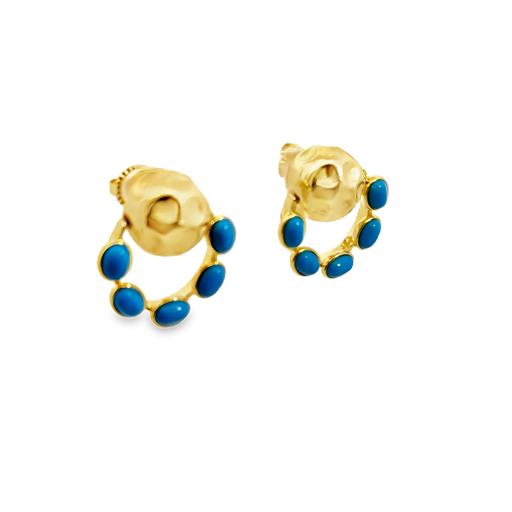 Elegant 22K yellow gold plated drop earrings with hammered detailing and vibrant created turquoise accents. A chic statement piece for every occasion. Shop premium jewelry online.