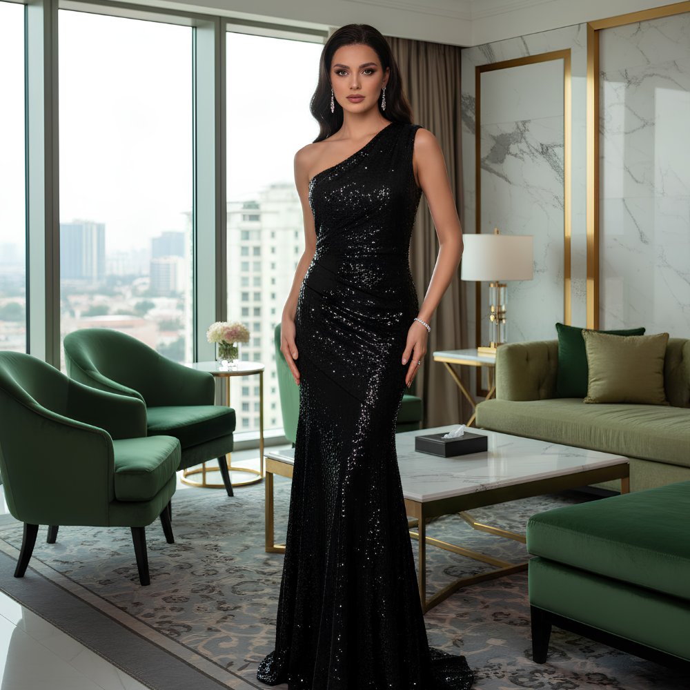 Shop the Trinity one-shoulder floor-length gown featuring all-over sequin embellishments, a fitted bodice, and a full flared skirt. Perfect for special occasions. Shop online from our exclusive website.