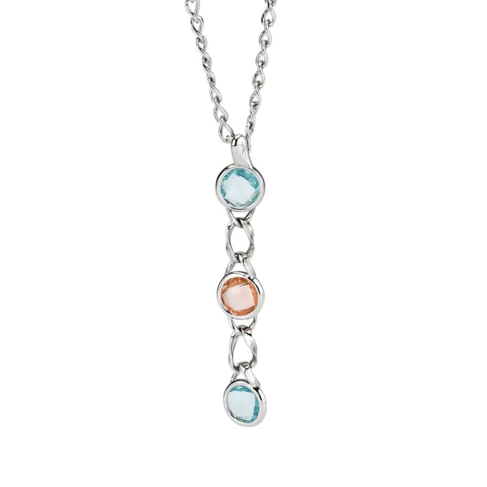 Shop online premium rhodium plated necklace with aquamarine and peach crystal pendants for a chic modern look.