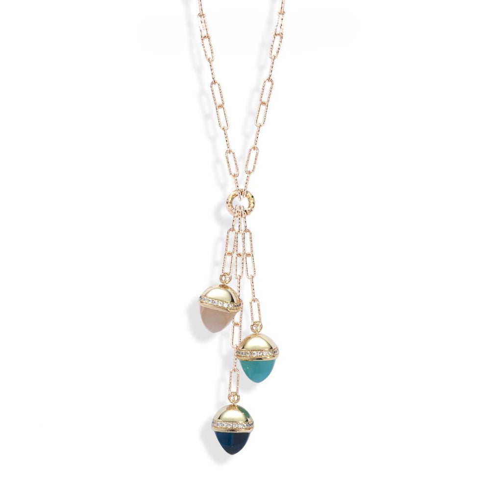 Shop online premium yellow gold necklace with amazonite, moonstone, emerald crystals and cubic zirconia details.