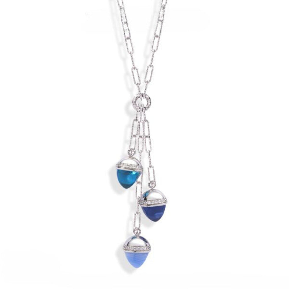 Shop online premium rhodium plated necklace with blue chalcedony, sapphire, aquamarine crystals and sparkling CZ stones.