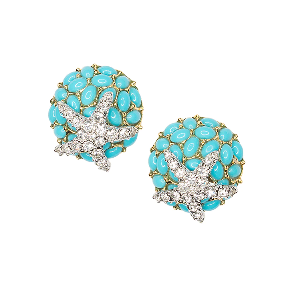 Gold button clip earring with turquoise cabochons and crystal pave starfish. 1" diameter.