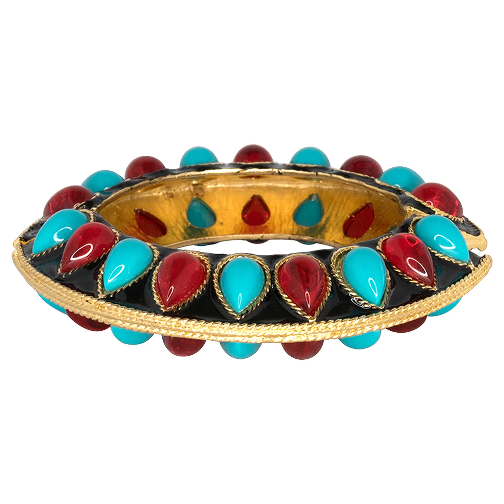 Black enamel bracelet with turquoise and rubies.