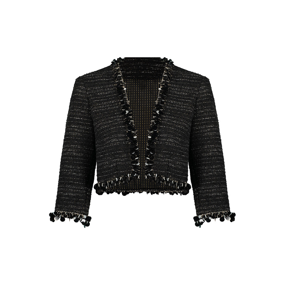 Elevate your style with the Designer Exclusive Tweed With Metallic Threads Cropped Blazer With Embellished Trimmings from The Luxe Maison. Shop Now!