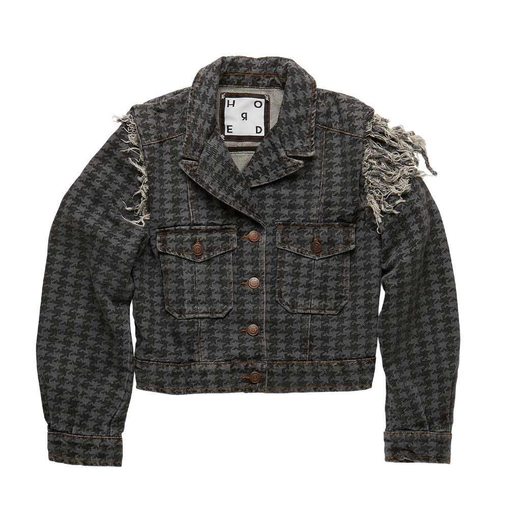 Udad stonewashed women's denim jacket is crafted from faded houndstooth-print denim to a frayed shoulder silhouette 