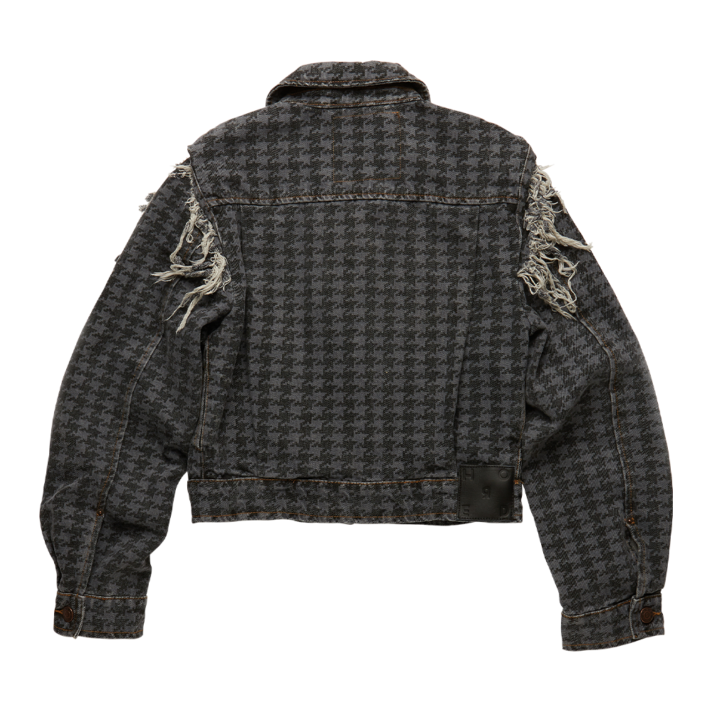 Udad stonewashed women's denim jacket is crafted from faded houndstooth-print denim to a frayed shoulder silhouette 