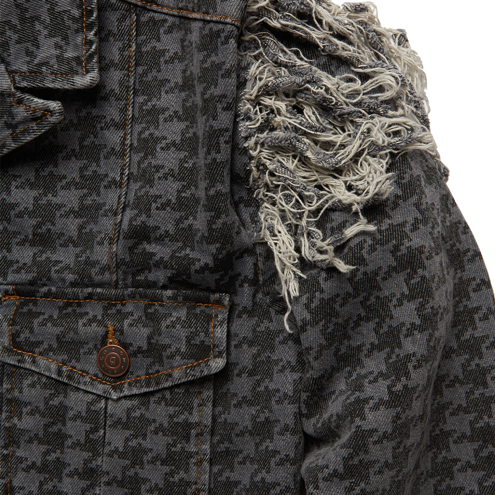 Udad stonewashed women's denim jacket is crafted from faded houndstooth-print denim to a frayed shoulder silhouette 