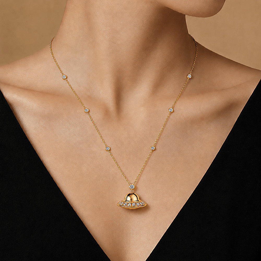 Discover the UFO Necklace in 14K Solid Gold and Diamonds at The Luxe Maison, featuring a playful flying saucer handcrafted in solid 14K gold and set with brilliant diamonds. Inspired by the wonder of the universe and the mystery of extraterrestrial life, this custom, made-to-order necklace is a unique modern heirloom designed to celebrate curiosity and imagination.