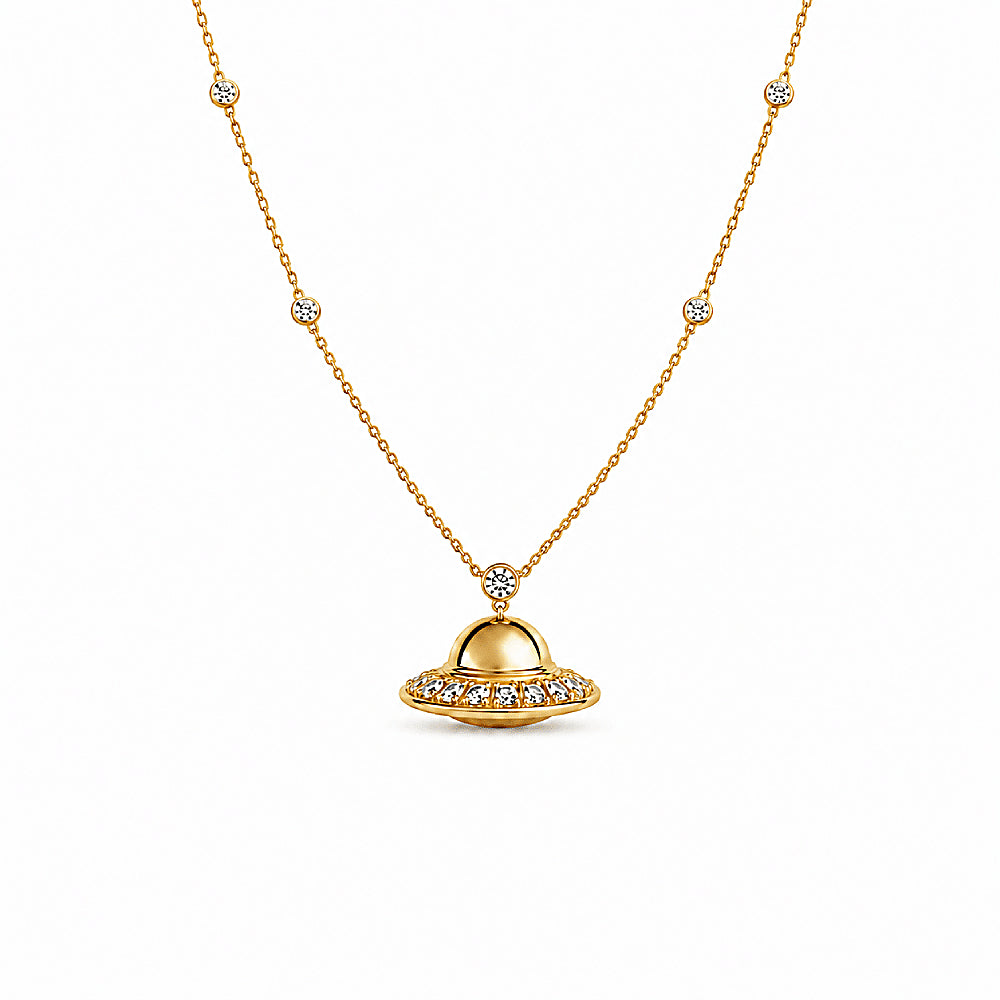 Discover the UFO Necklace in 14K Solid Gold and Diamonds at The Luxe Maison, featuring a playful flying saucer handcrafted in solid 14K gold and set with brilliant diamonds. Inspired by the wonder of the universe and the mystery of extraterrestrial life, this custom, made-to-order necklace is a unique modern heirloom designed to celebrate curiosity and imagination.