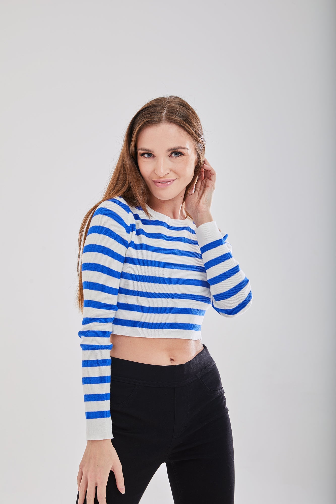 Women's Jumper in Navy and White with Full Length Sleeves - Cropped Fit by Liquorish