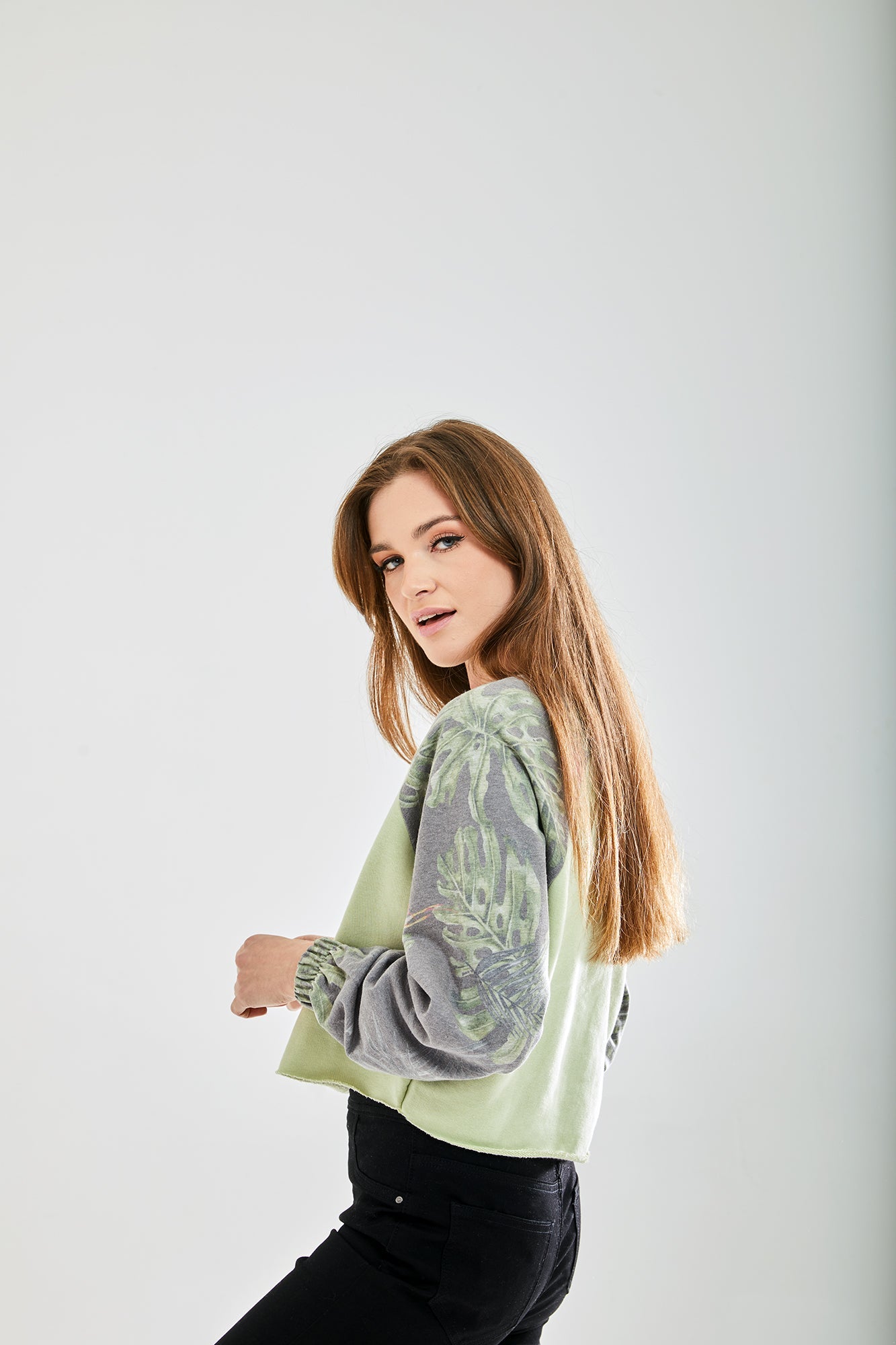 Women's Printed Raglan Sleeve Crop Sweat - Long sleeves, elasticated cuffs, regular fit, available in UK sizes 8-12.