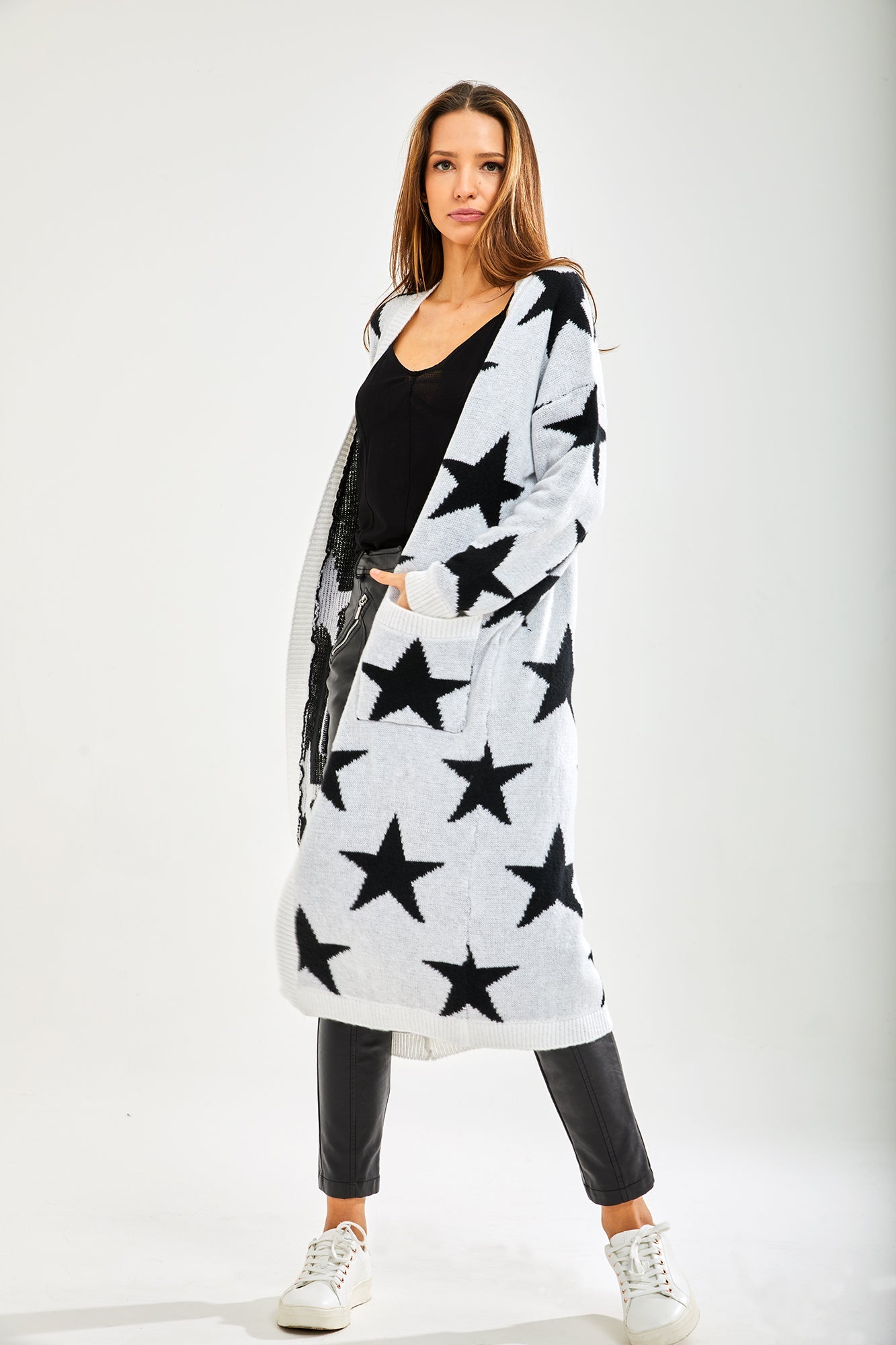 Women's Cardigan in White with Long Sleeves, Whimsical Star Pattern, Comfortable Fit, Liquorish