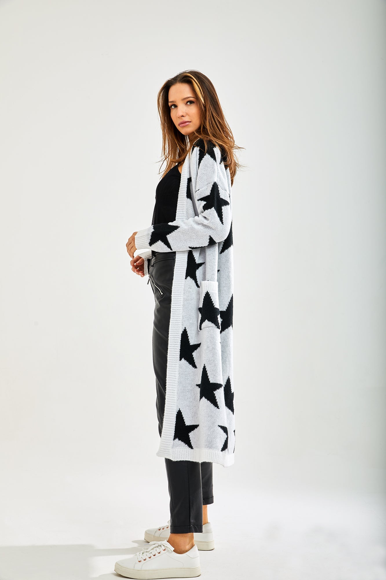 Women's Cardigan in White with Long Sleeves, Whimsical Star Pattern, Comfortable Fit, Liquorish