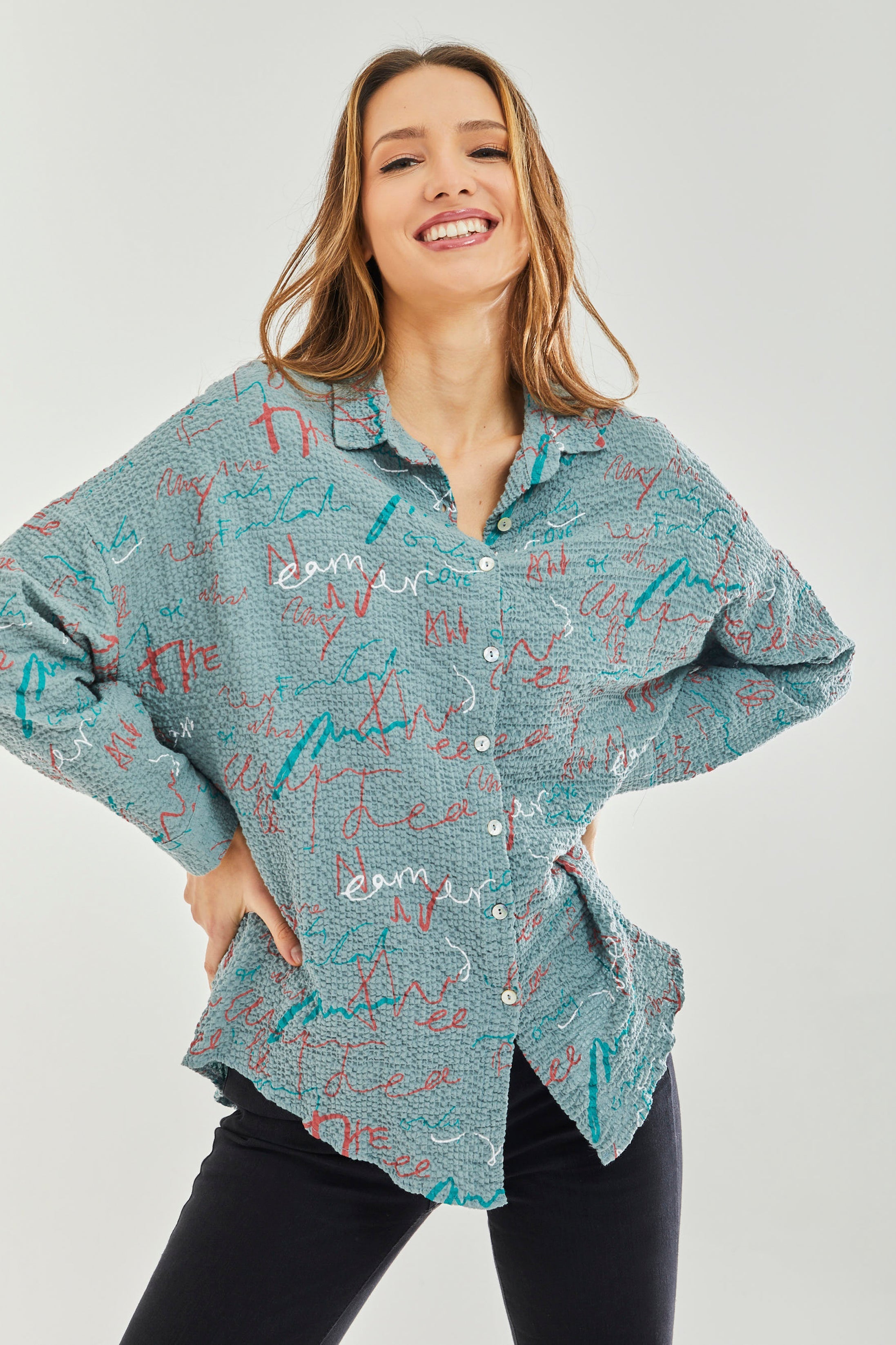 Women’s Shirt with Multicolour Signature Pattern in Mint - Collar & cuffs, Full length sleeves, Regular fit, UK sizes 8-12.