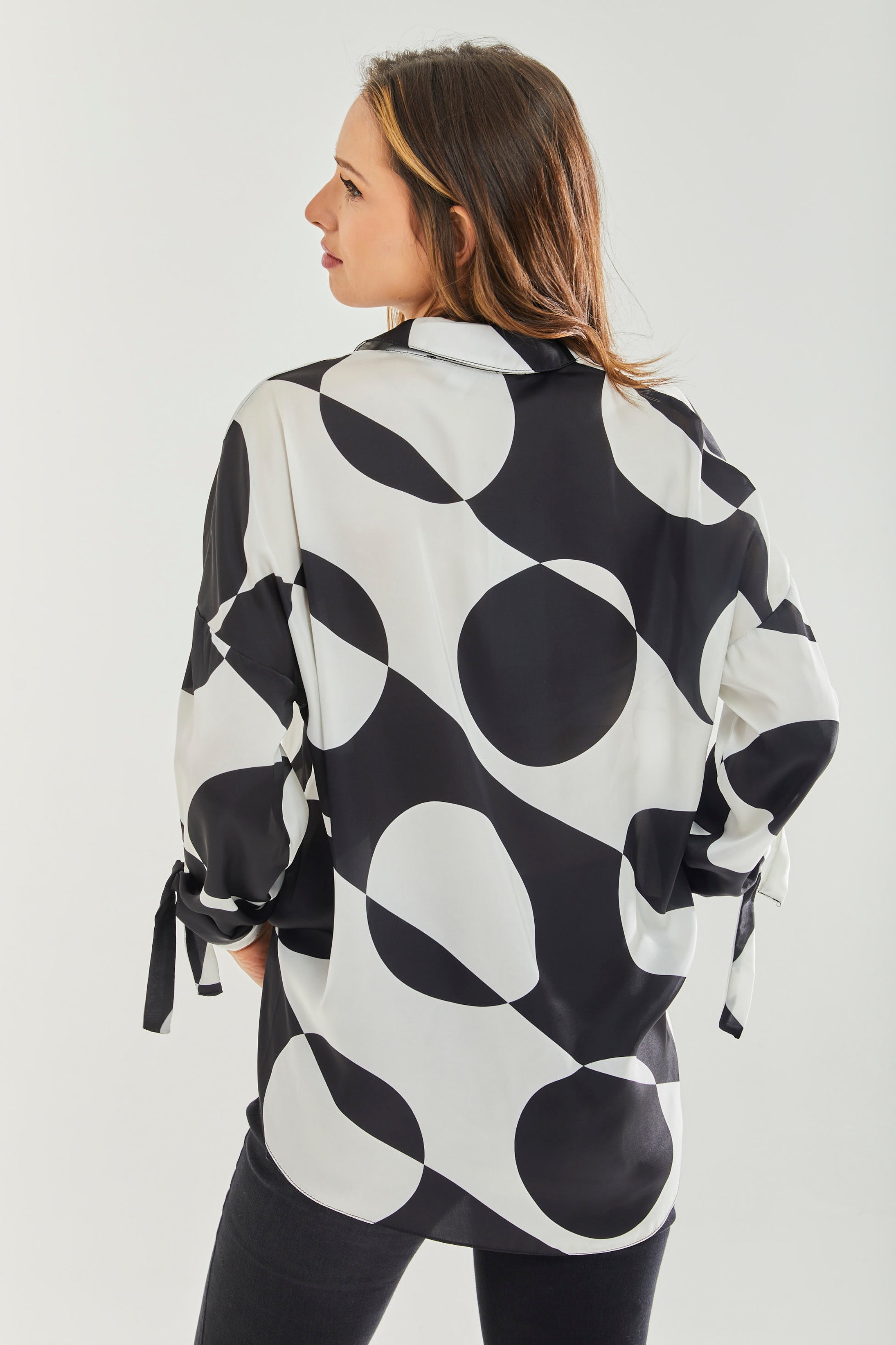 Women's Blouse with Oversized Polka Stripe Pattern in Black & White, Full Length Sleeve, Elastic Tie Back Waist, Stylish Detail