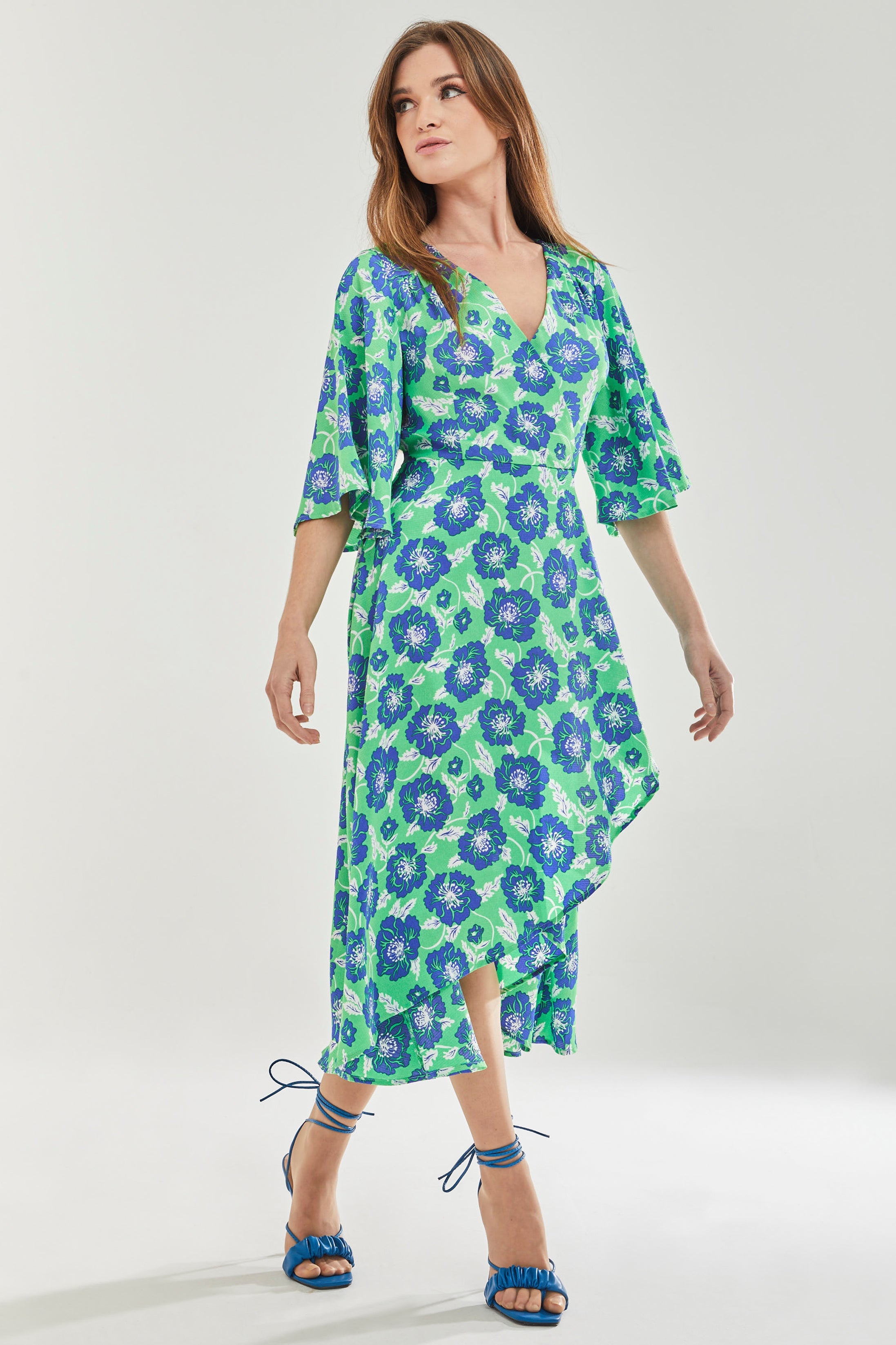 Women's Midi Wrap Dress with Flared Kimono Sleeves in Green Floral Print - Elegantly Chic by Liquorish