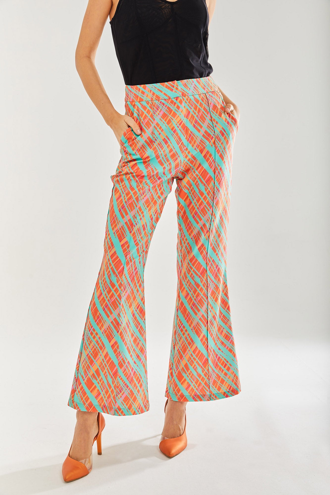 Women’s Flare Trousers in Orange with All Over Print - Tailored Fit - Statement Style by Liquorish