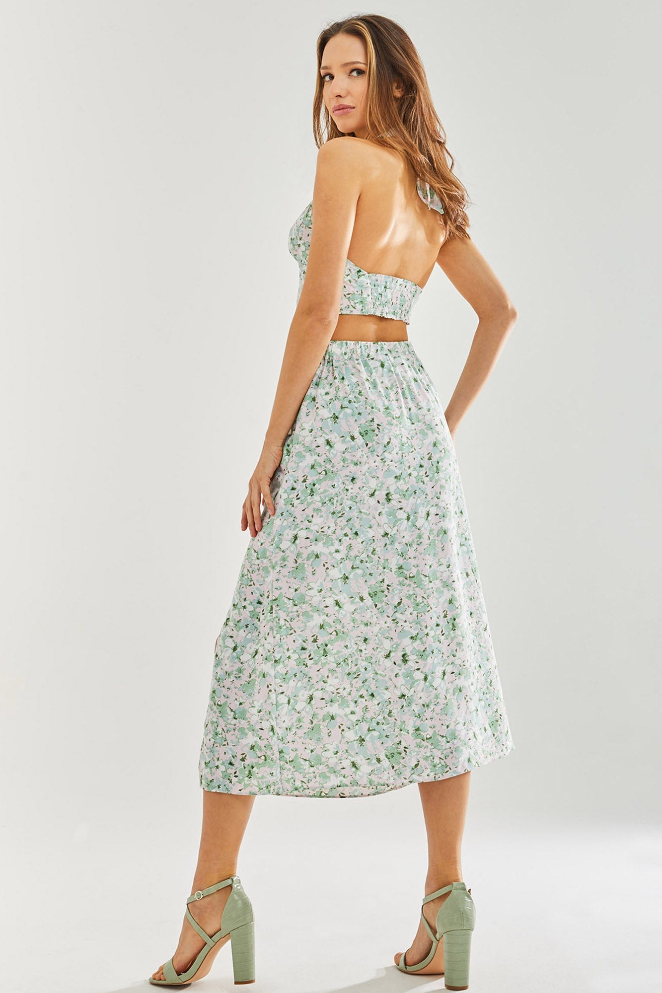Women's Green Floral Halterneck Crop Top - Co-ord Set, Open Back, Regular Fit, Perfect for Summer