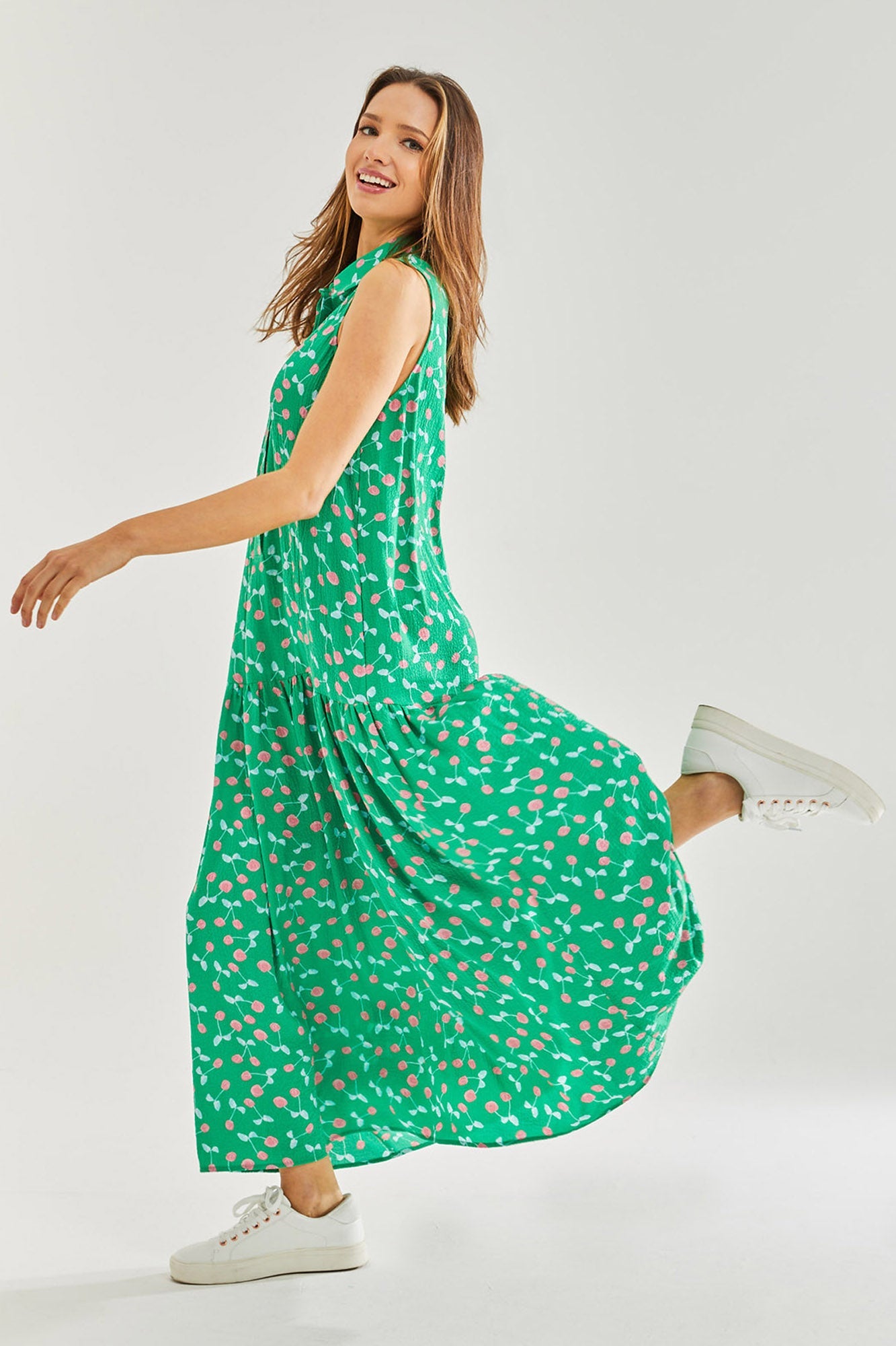 Women's Maxi Dress in Green with Sleeveless Design and Cherry Print by Liquorish