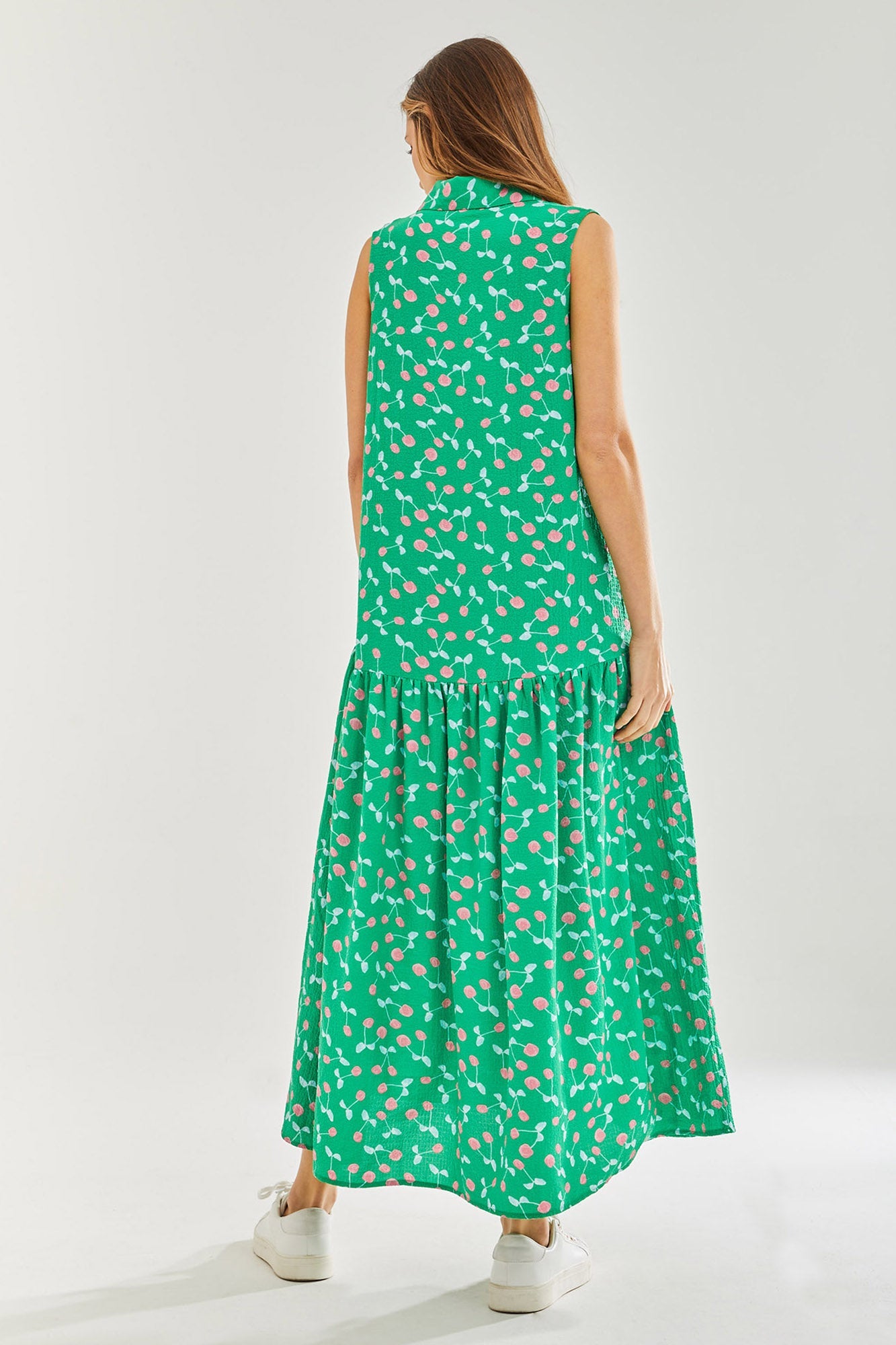 Women's Maxi Dress in Green with Sleeveless Design and Cherry Print by Liquorish