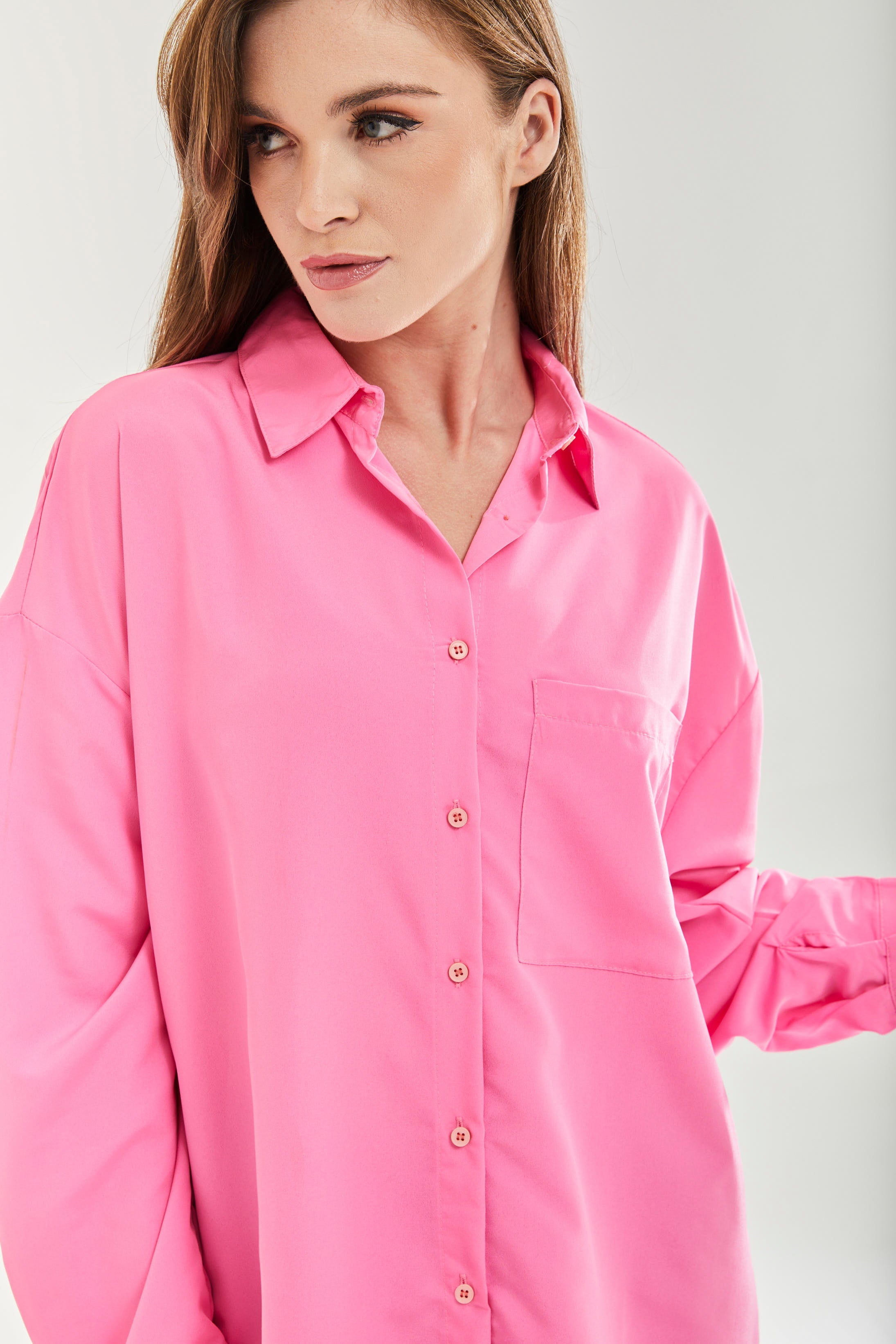 Women's Pink Oversized Shirt - Classic Style, Full Length Sleeves, Tie Side, Regular Fit, Available in Sizes S, M, L
