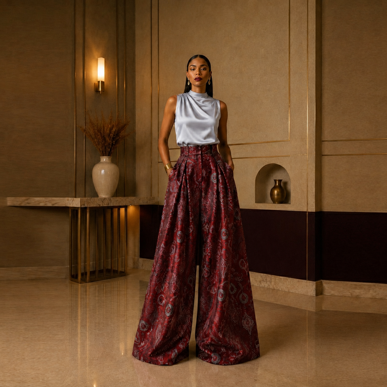 Shop online from our exclusive website. Discover the VALEN set featuring a sleek silver mock-neck blouse and wine damask palazzo pants, designed as a versatile luxury ensemble or elegant separates.