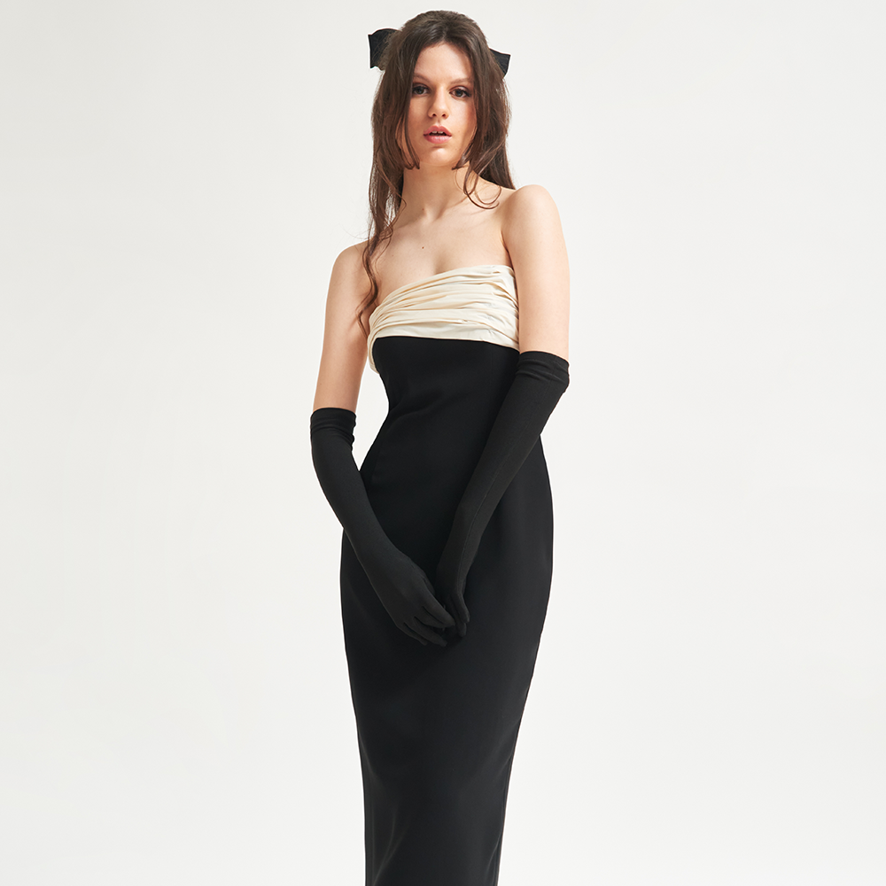 Two-tone strapless dress in black crepe and hand-draped beige taffeta. Get exclusive piece at our online shopping website. Shop now!