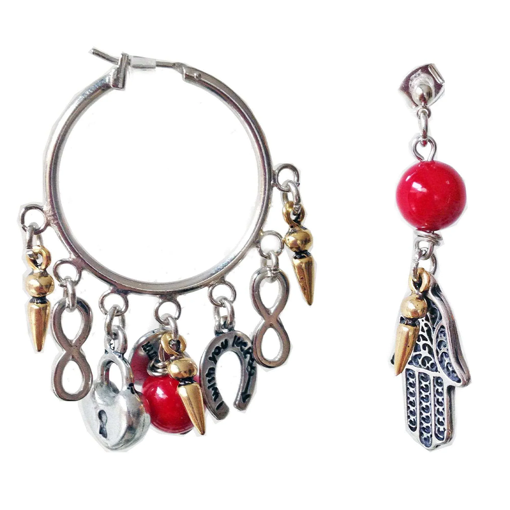 Valentine's day earrings with pearls of coral stone, hamsa, heart, hornshoes and studs charms.