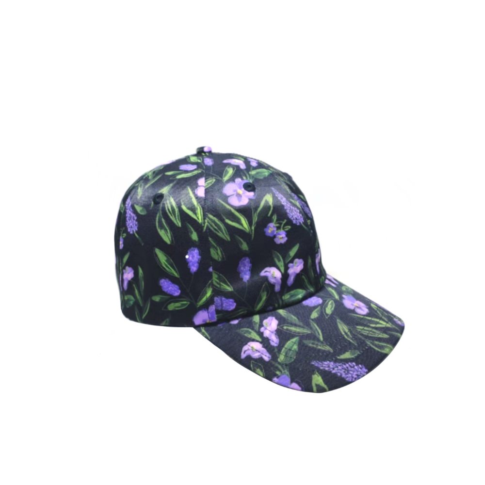 Black cap with purple pansy and lavender print, adjustable fit. Shop premium styles online.