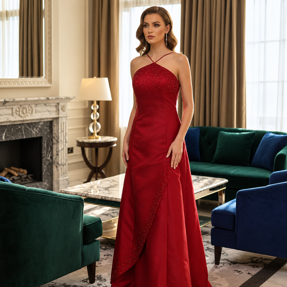 Shop online from our exclusive website. Discover the Varonika red evening gown featuring sparkling embellishments, a flattering floor-length silhouette, and timeless elegance for weddings, galas, and special occasions.